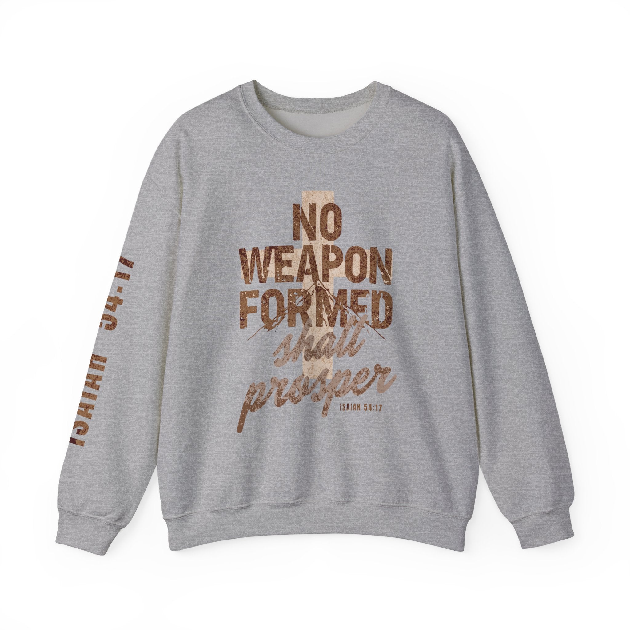 Crewneck Sweatshirt — "No Weapon Formed Shall Prosper" Christian Inspirational Pullover